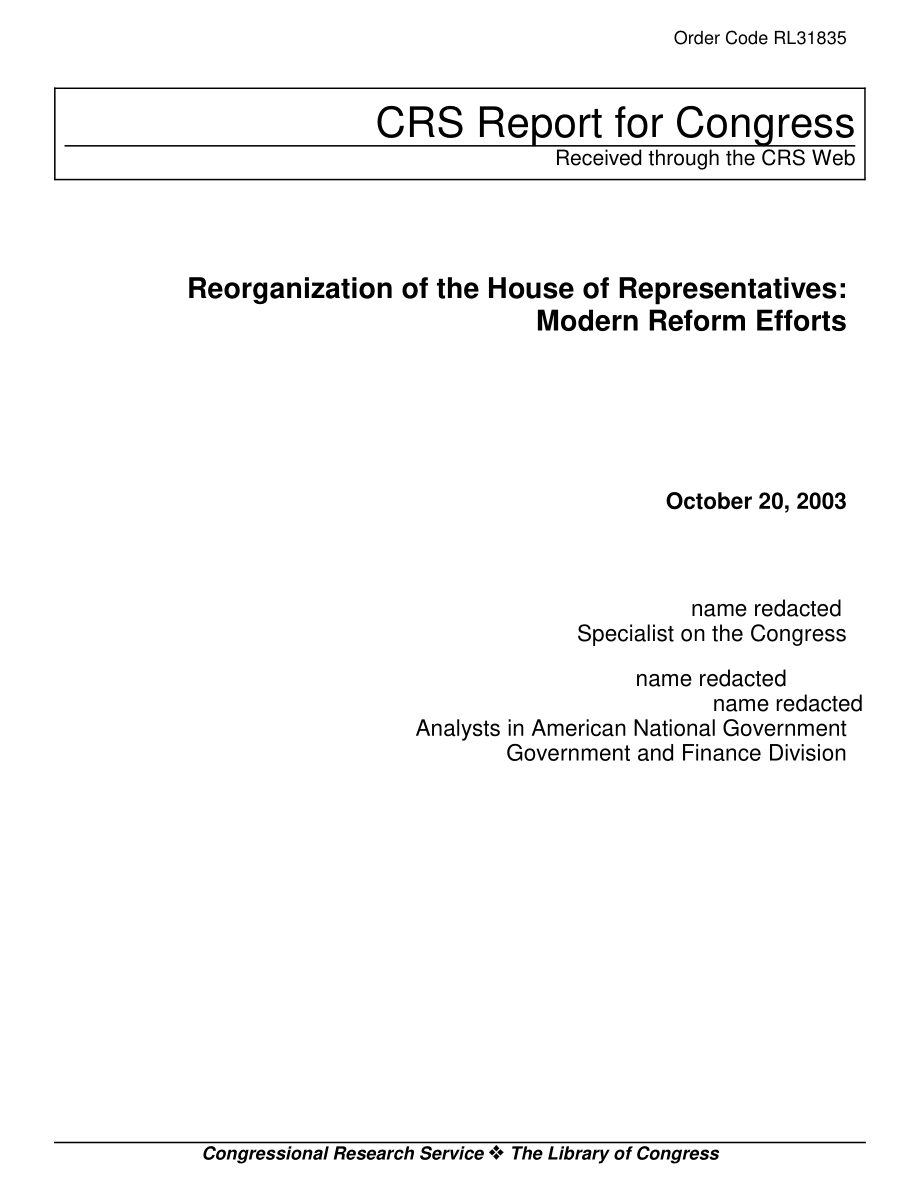 [20031020]RL31835_众议院重组：现代改革努力.pdf_第1页