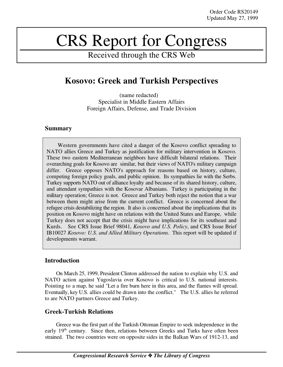 [19990527]RS20149_科索沃：希腊和土耳其观点.pdf_第1页