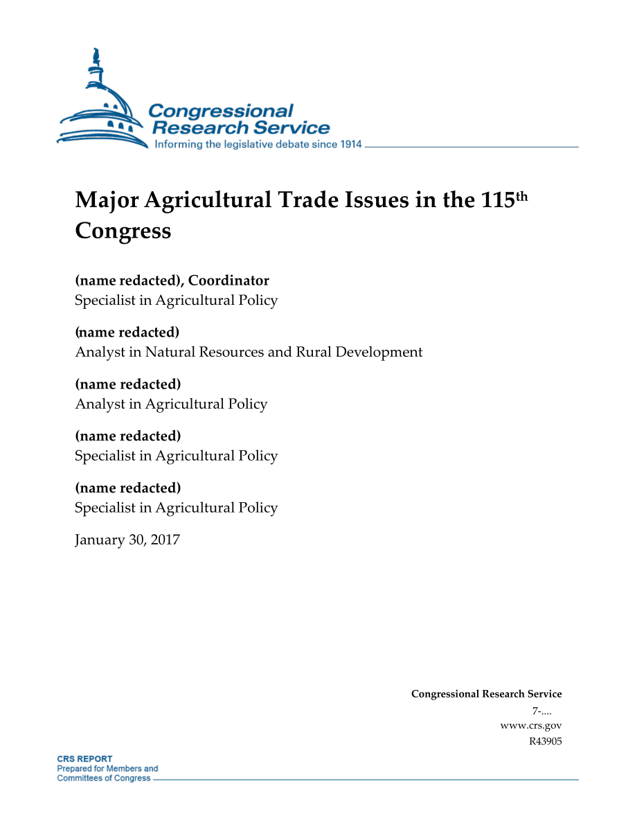 [20170130]R43905_第115届国会的主要农业贸易问题.pdf_第1页
