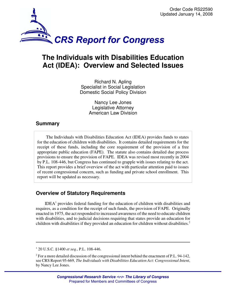 [20080114]RS22590_《残疾人教育法》（IDEA）：概述和选定问题.pdf_第1页