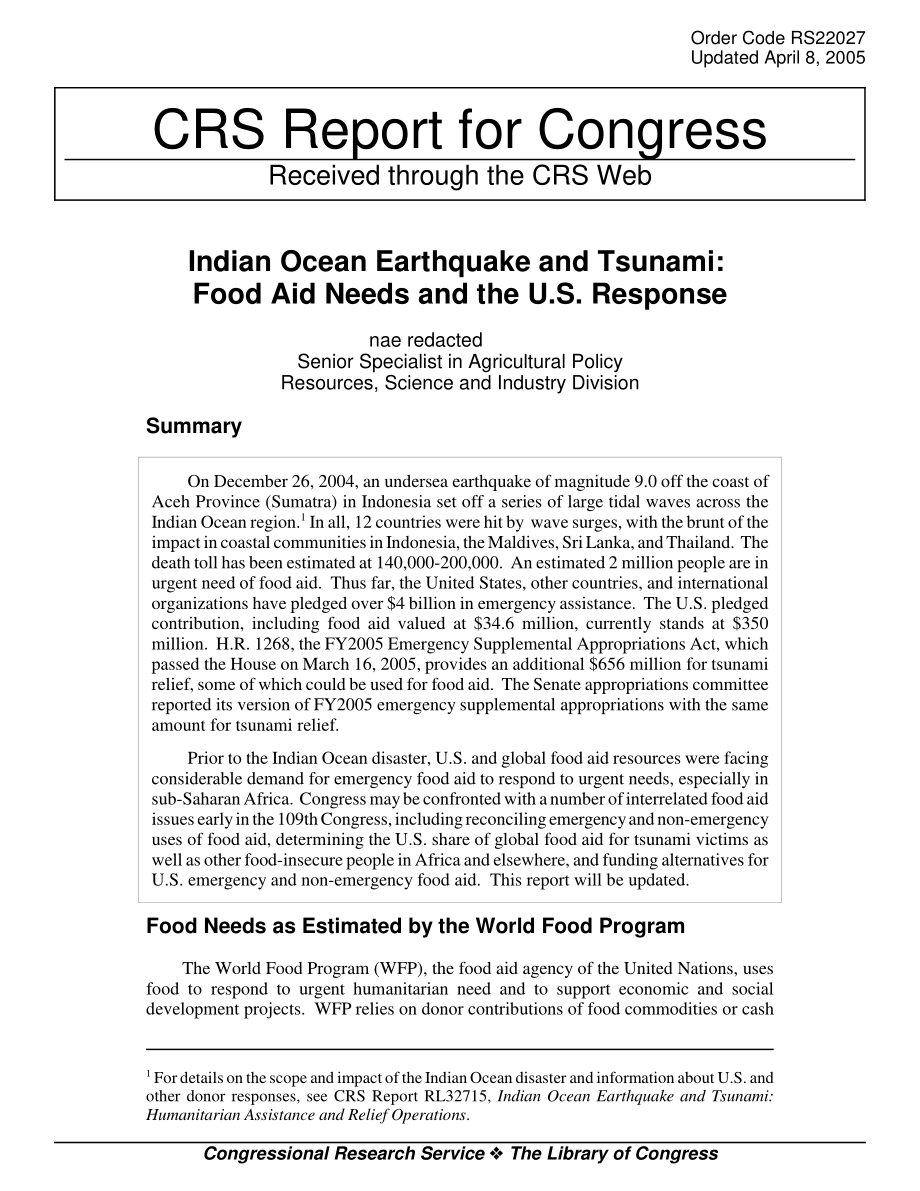 [20050408]RS22027_印度洋地震和海啸：粮食援助需求和美国的反应.pdf_第1页