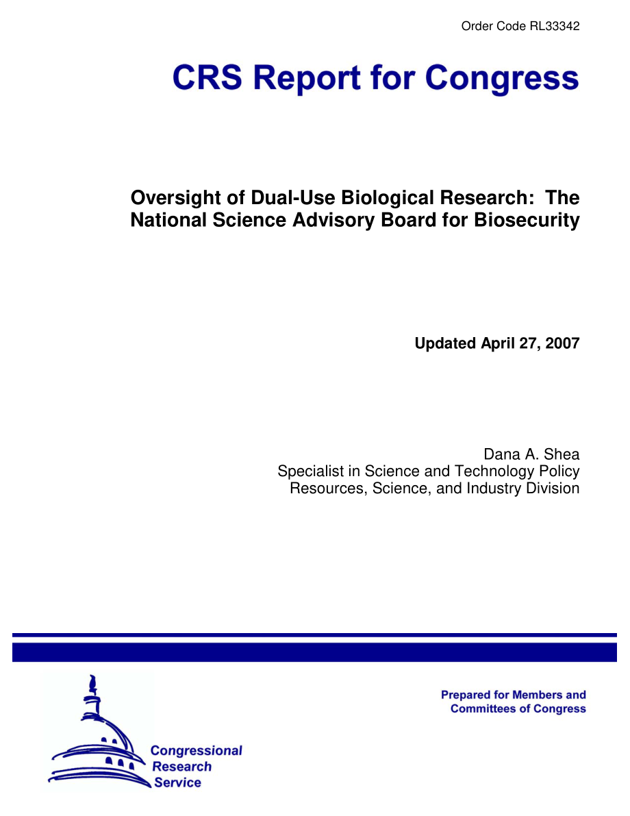 [20070427]RL33342_两用生物学研究监督：国家生物安全科学咨询委员会.pdf_第1页