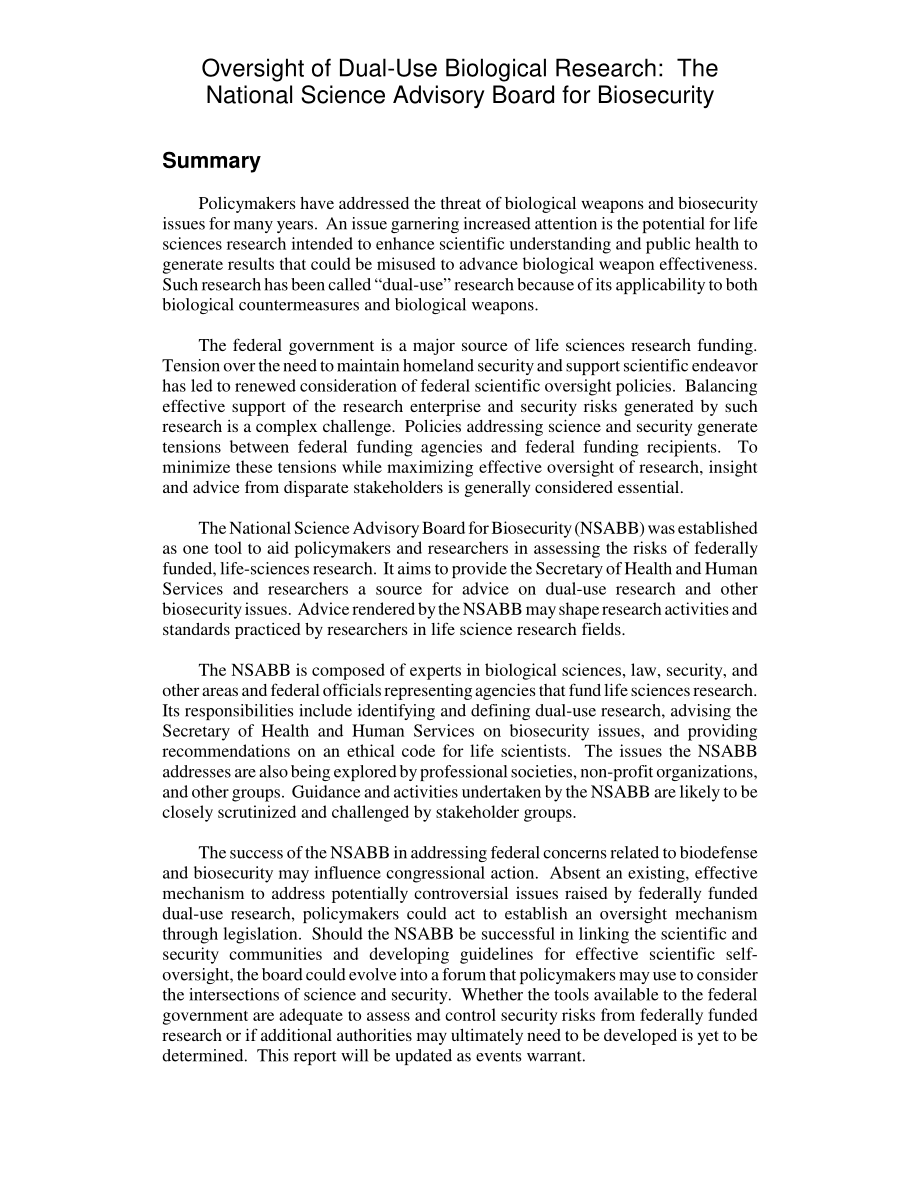 [20070427]RL33342_两用生物学研究监督：国家生物安全科学咨询委员会.pdf_第2页