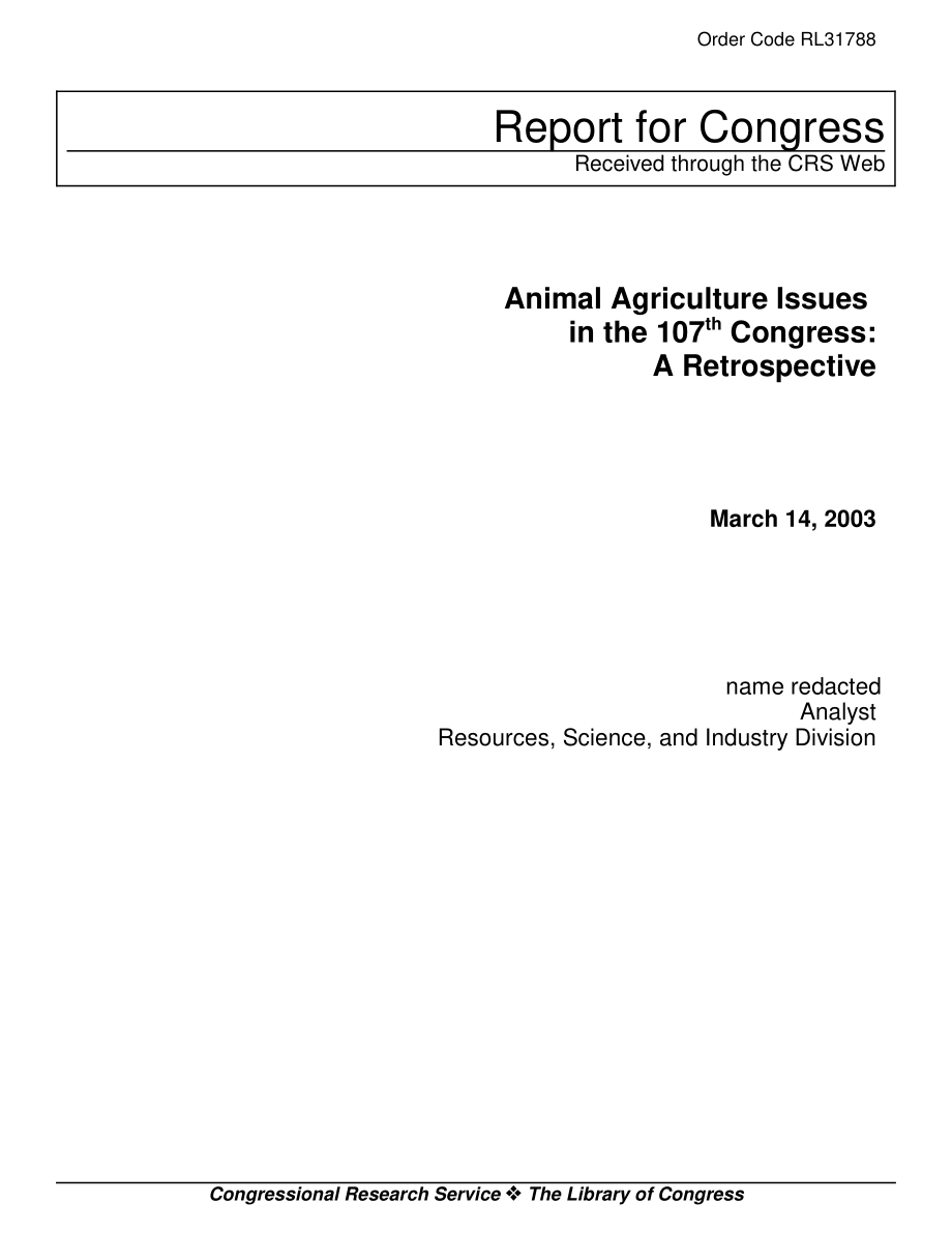 [20030314]RL31788_第107届大会上的动物农业问题：回顾展.pdf_第1页