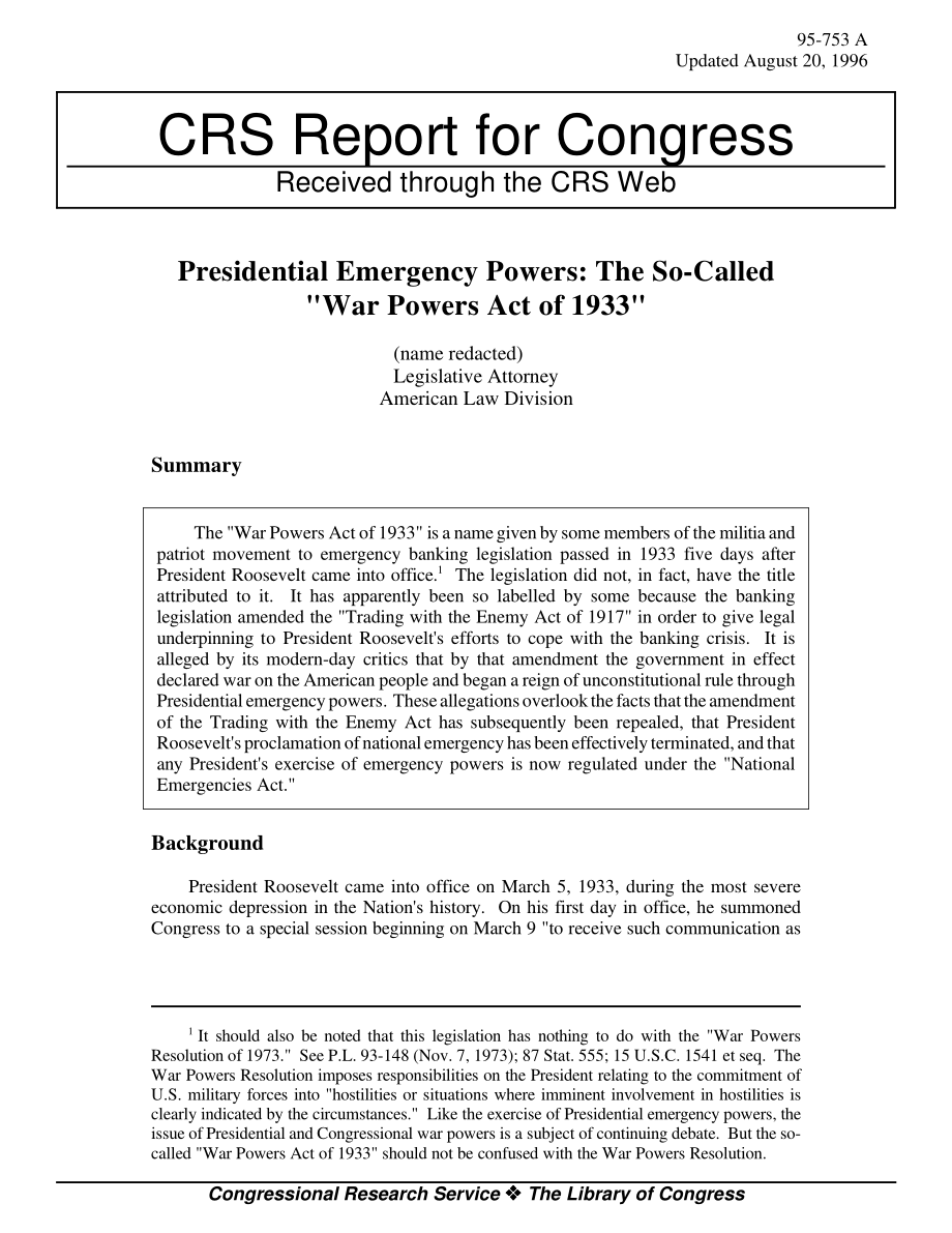 [19960820]95-753_总统紧急权力：所谓的“1933年战争权力法案”.pdf_第1页