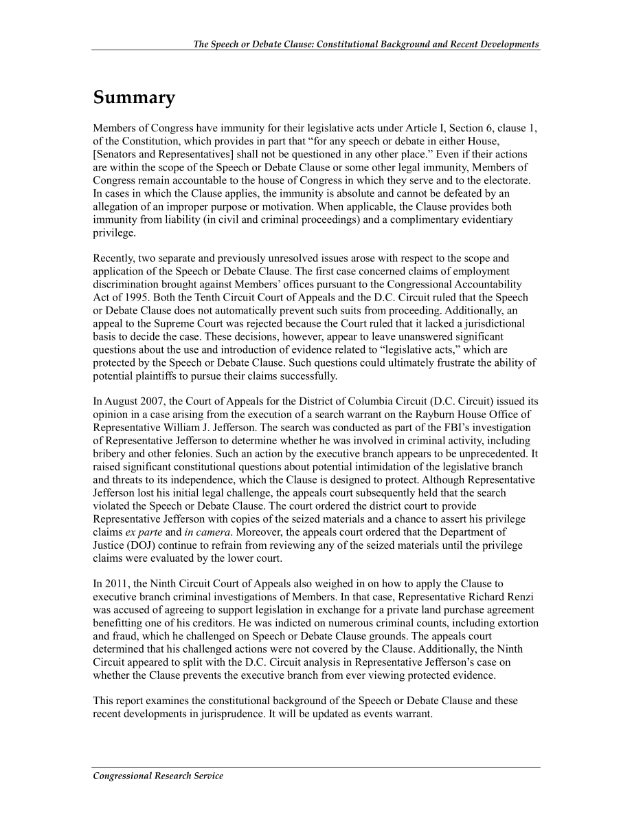 [20120808]R42648_演讲或辩论条款：宪法背景和最新发展.pdf_第2页