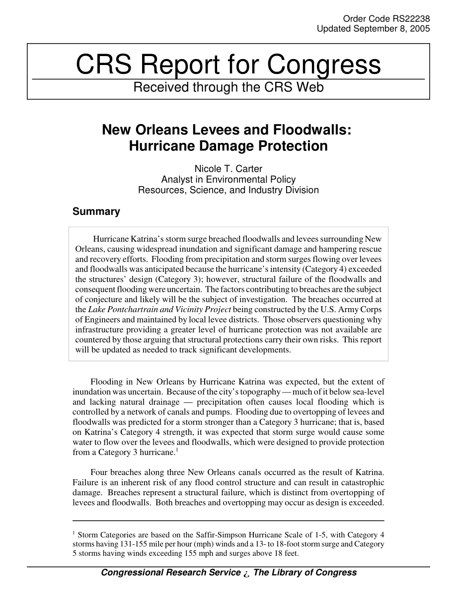 [20050908]RS22238_新奥尔良防洪堤和防洪墙：飓风破坏防护.pdf_第1页