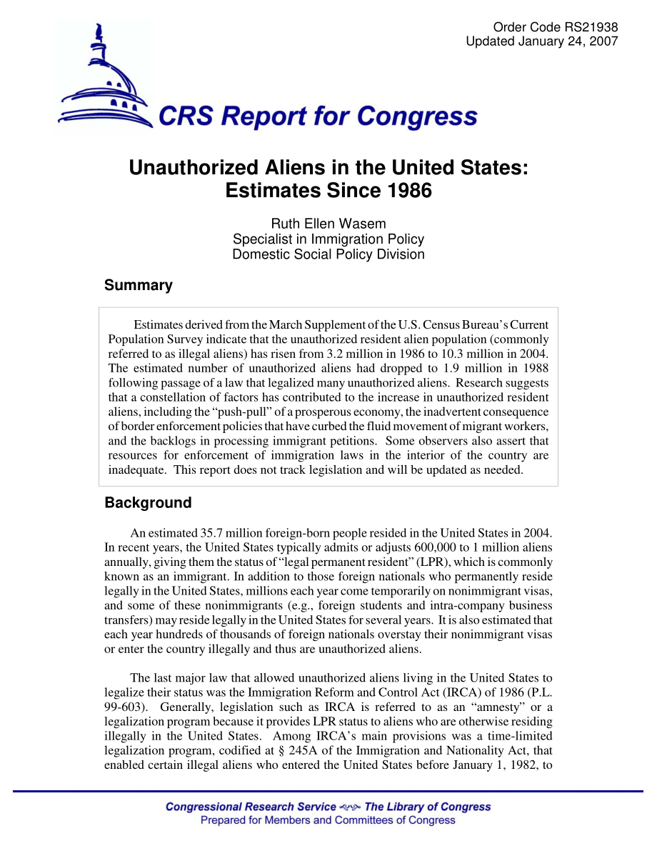 [20070124]RS21938_在美国未经授权的外国人：1986年以来的估计数.pdf_第1页