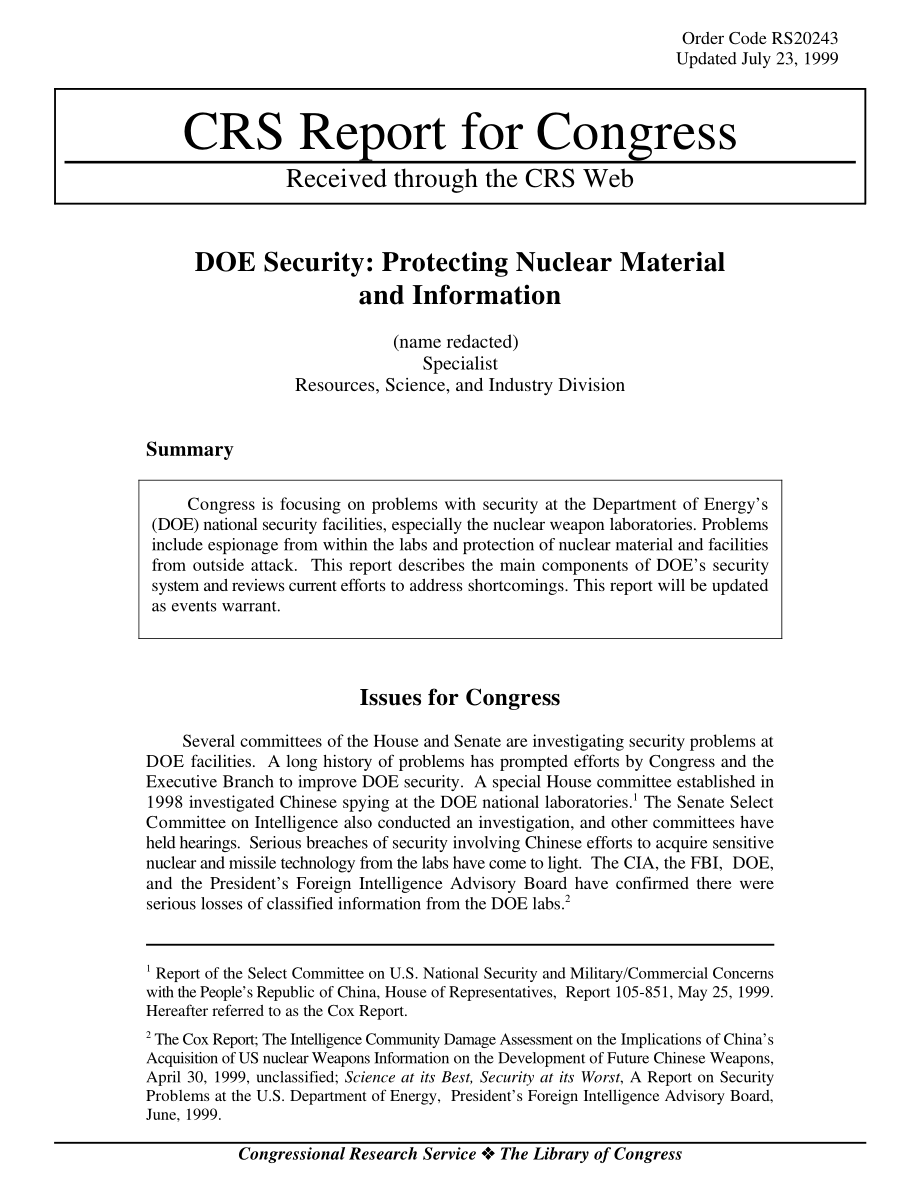 [19990723]RS20243_能源部安全：保护核材料和信息.pdf_第1页