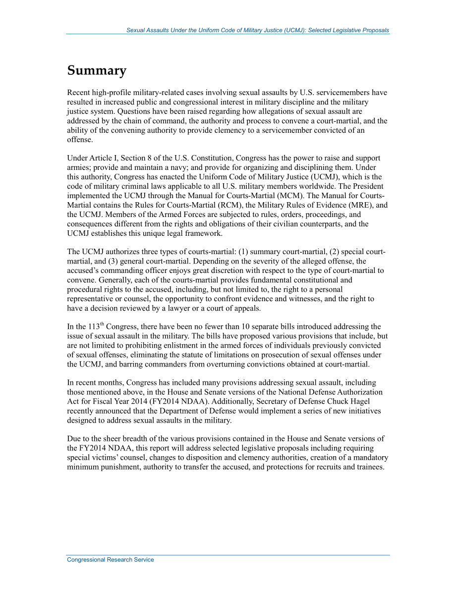 [20130906]R43213_《统一军事司法法典》（UCMJ）规定的性侵犯：选定的立法提案.pdf_第2页