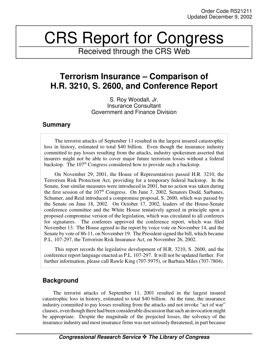 [20021209]RS21211_恐怖主义保险-H.R.的比较3210S.2600和会议报告.pdf_第1页