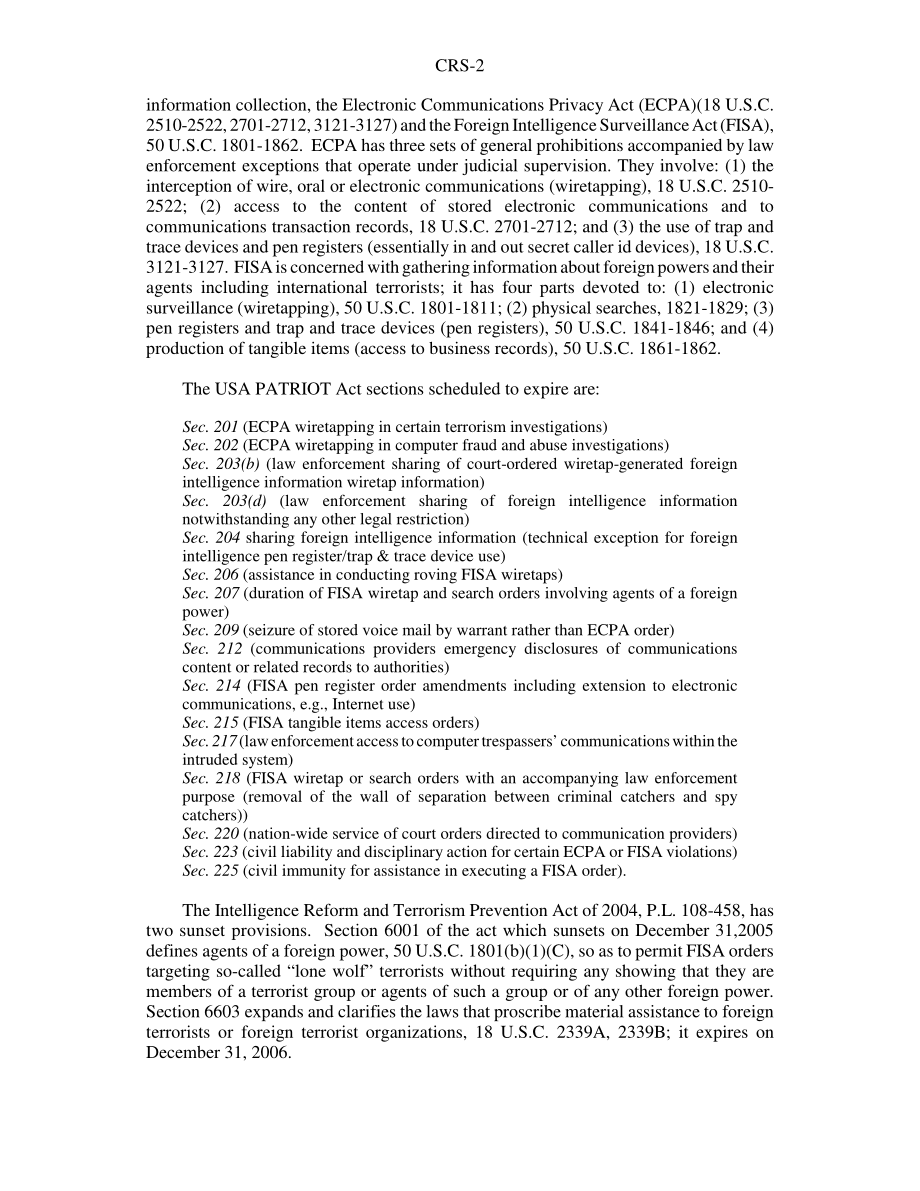 [20050811]RS22196_《美国爱国者法案》再授权提案及相关事项简介.pdf_第2页
