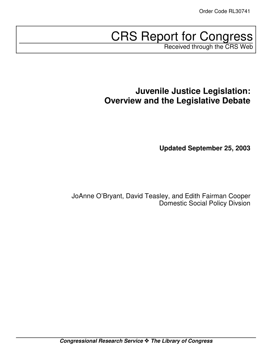 [20030925]RL30741_少年司法立法：概述和立法辩论.pdf_第1页