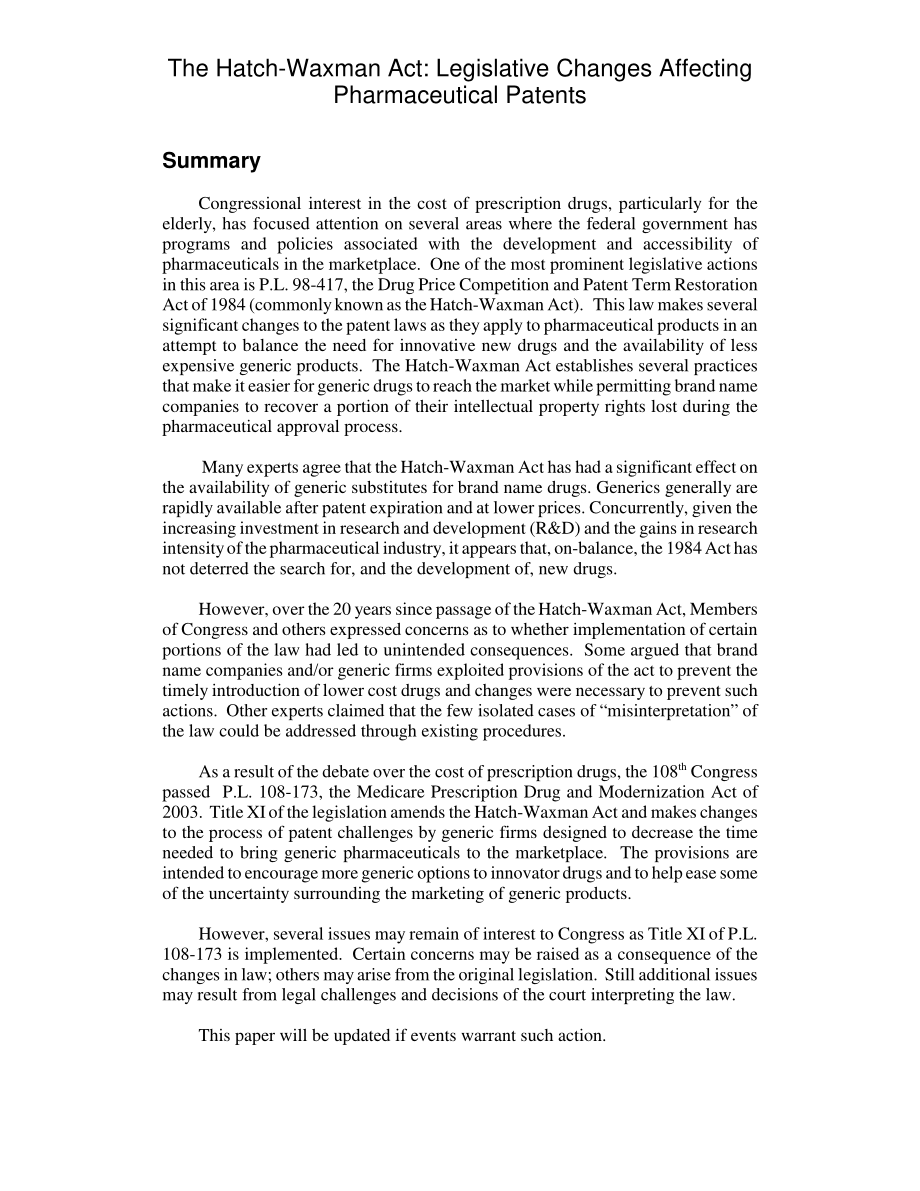 [20040430]RL32377_哈奇-瓦克斯曼法案：影响药物专利的立法变更.pdf_第2页