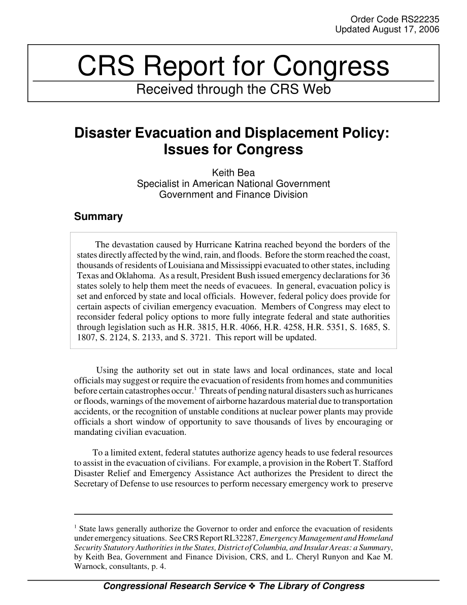 [20060817]RS22235_灾害疏散和流离失所政策：国会议题.pdf_第1页