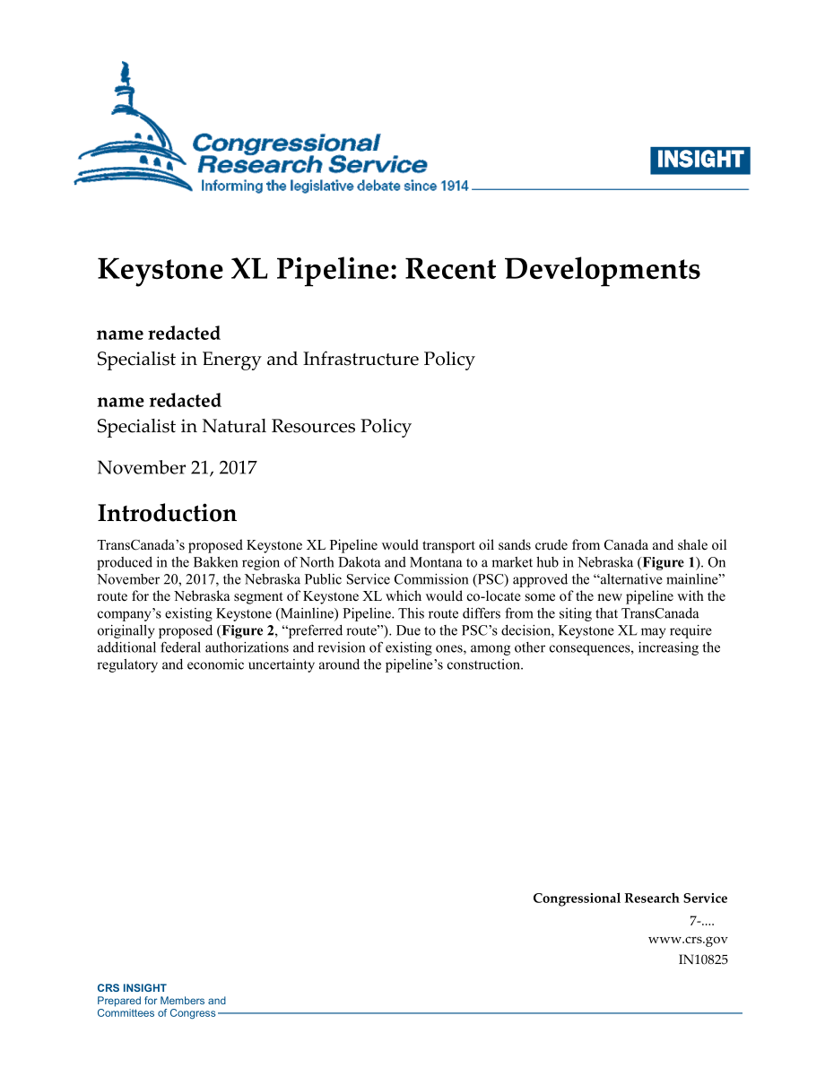 [20171121]IN10825_Keystone XL管道：最近的事态发展.pdf_第1页