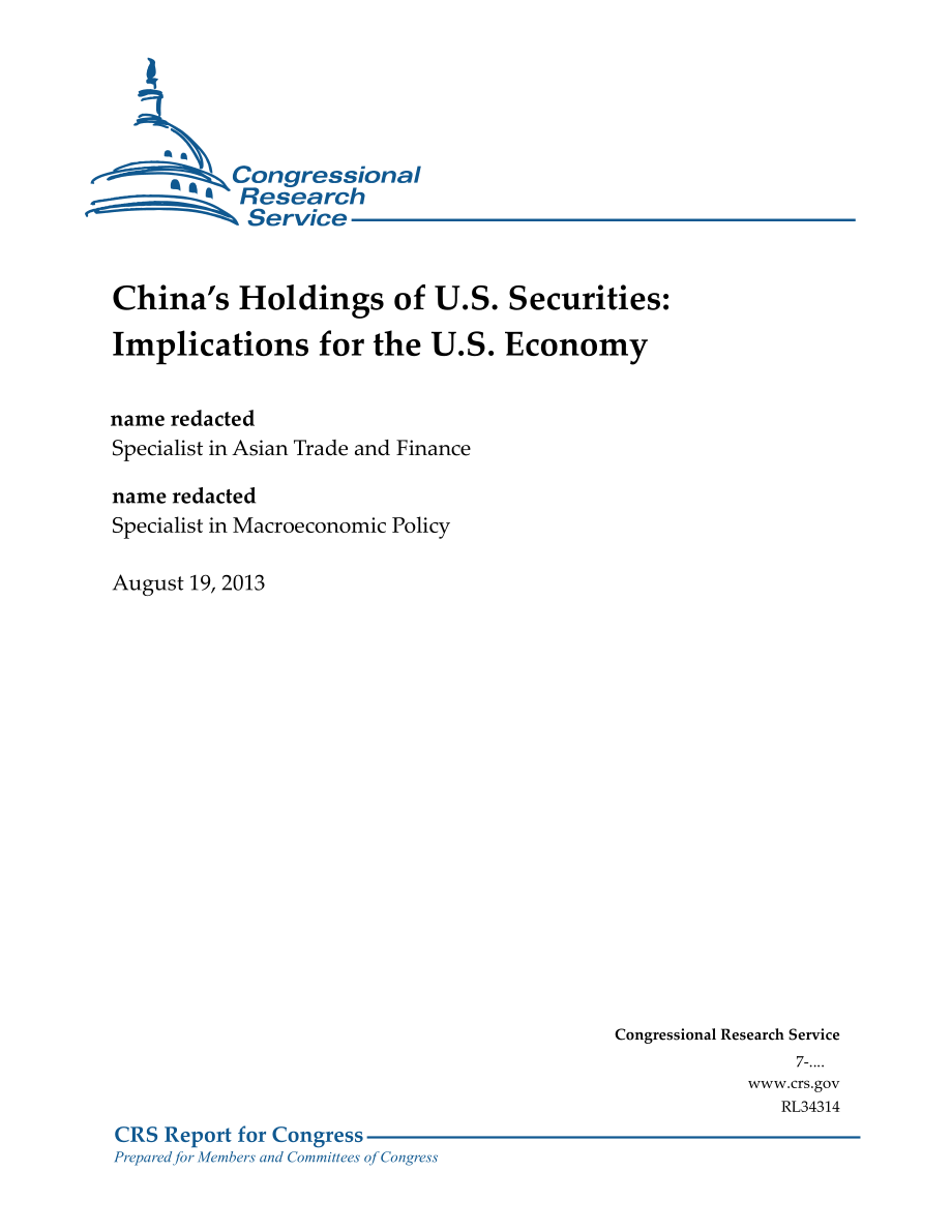 [20130819]RL34314_中国持有的美国证券：对美国经济的影响.pdf_第1页