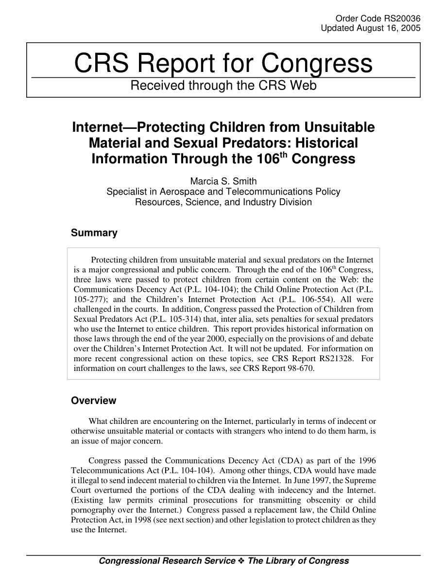 [20050816]RS20036_互联网保护儿童免受不合适的材料和性侵犯：第106届大会历史信息.pdf_第1页