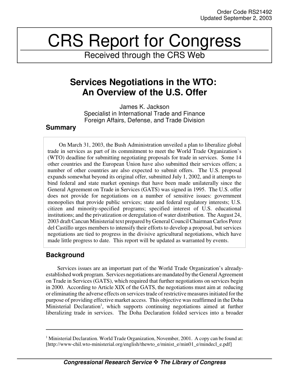 [20030902]RS21492_世贸组织服务业谈判：美国报价概述.pdf_第1页