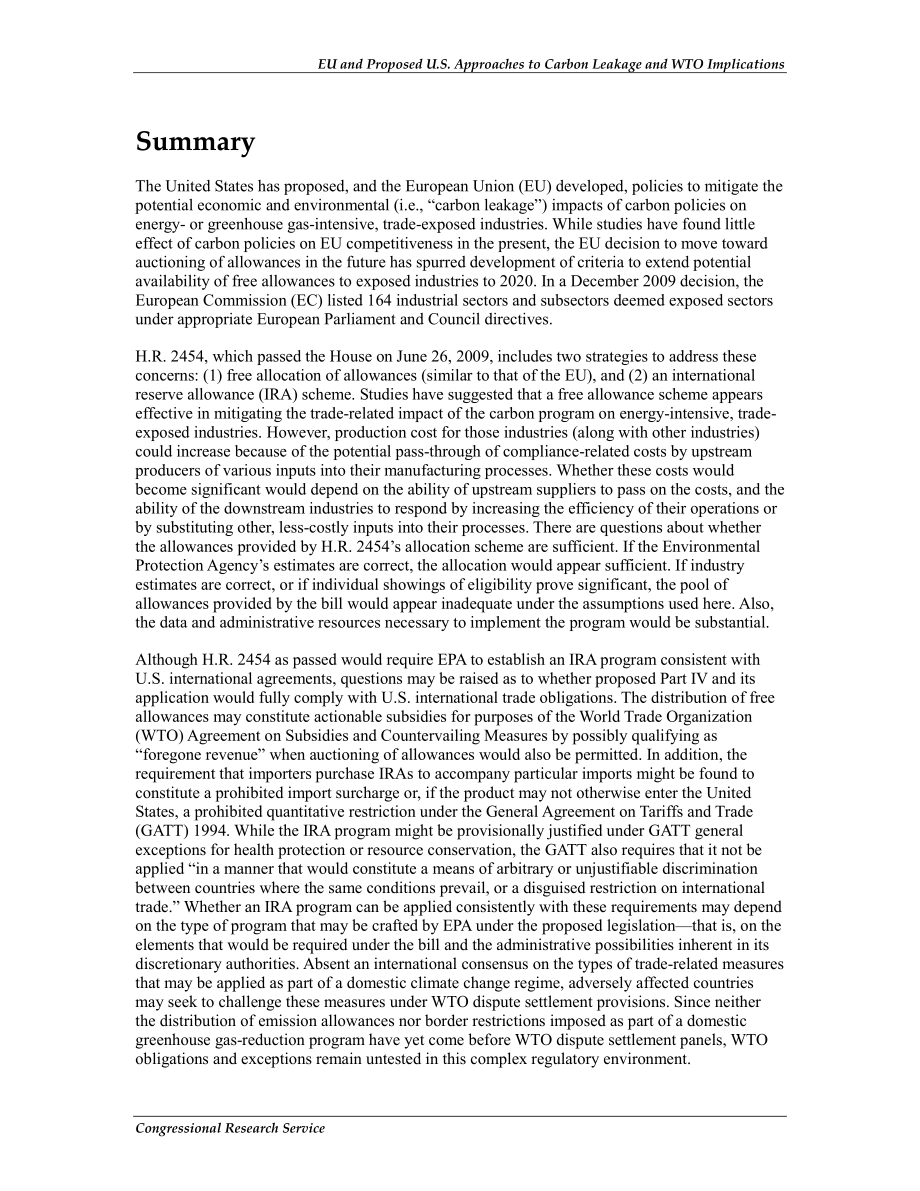 [20100412]R40914_气候变化：欧盟和拟议中的美国应对碳泄漏和WTO影响的方法.pdf_第2页
