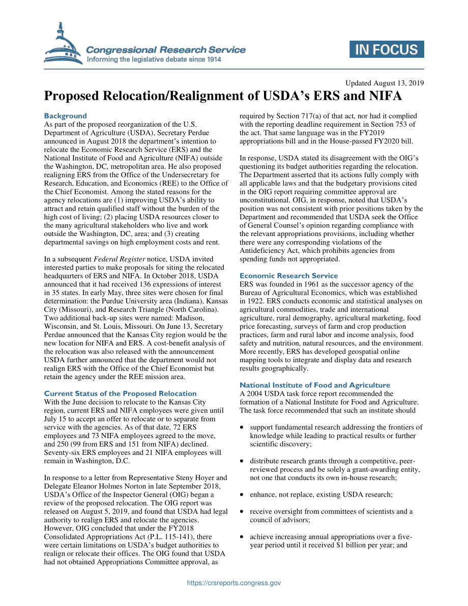 [20190813]IF11166_美国农业部ERS和NIFA的拟议搬迁调整.pdf_第1页