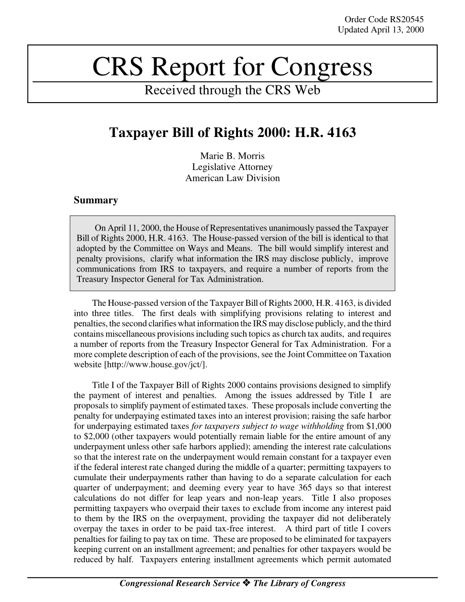 [20000413]RS20545_2000年纳税人权利法案：H、 R4163.pdf_第1页