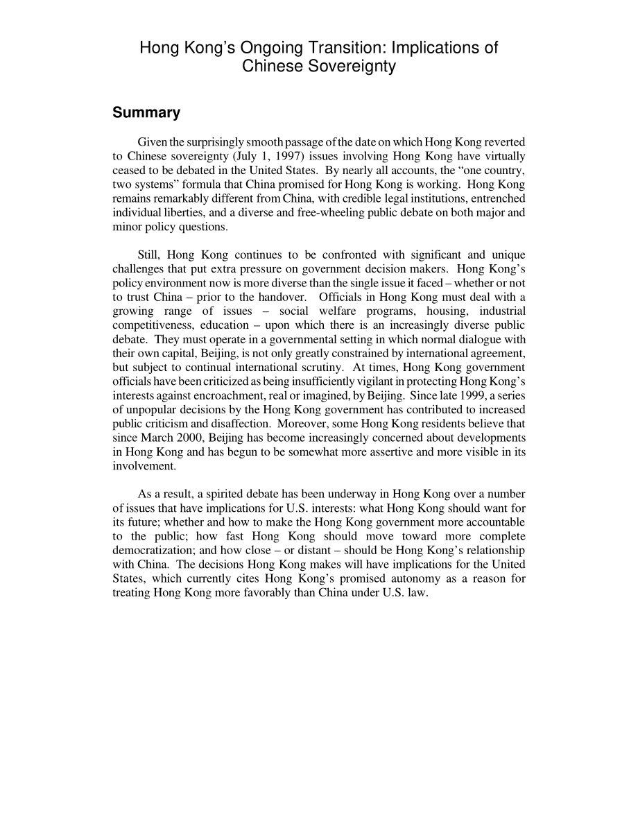 [20010323]RL30895_香港正在进行的过渡：2001年中国主权的影响.pdf_第2页