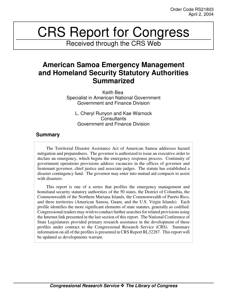 [20040402]RS21803_美属萨摩亚应急管理和国土安全法定机构概述.pdf_第1页