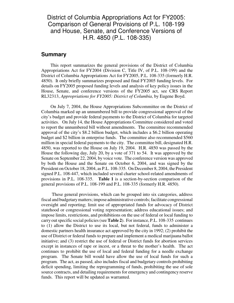 [20041222]RL32510_2005财年哥伦比亚特区拨款法案：比较P.L.的一般规定108-199以及众议院、参议院和会议版本的H.R.4850（P.L108-335).pdf_第2页