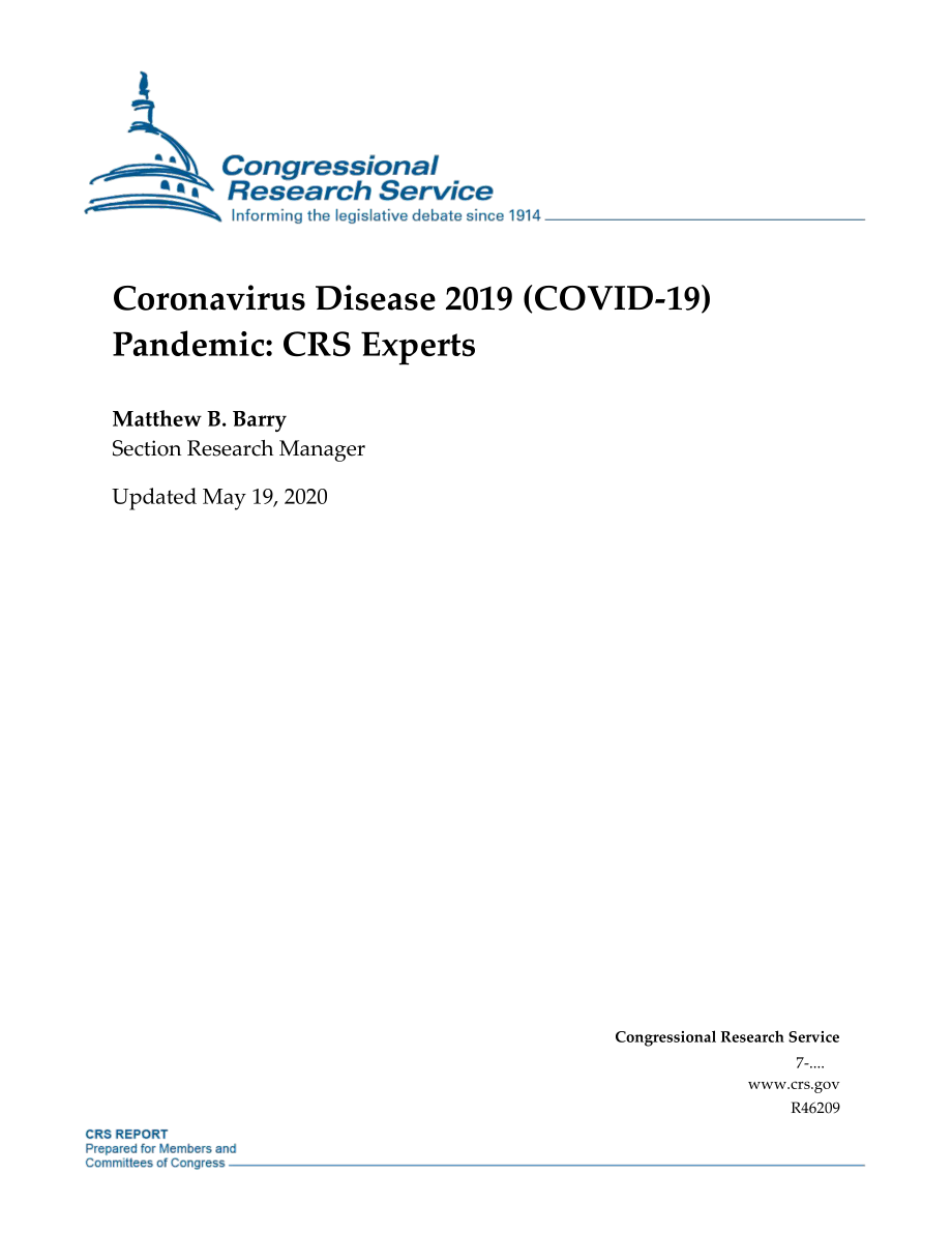 [20200519]R46209_2019年冠状病毒病（COVID-19）大流行：CRS专家.pdf_第1页