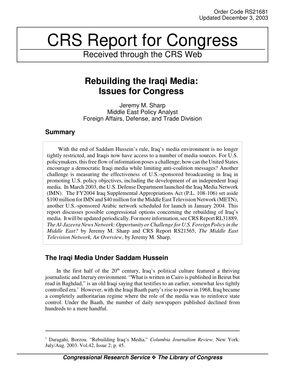[20031203]RS21681_重建伊拉克媒体：国会议题.pdf_第1页