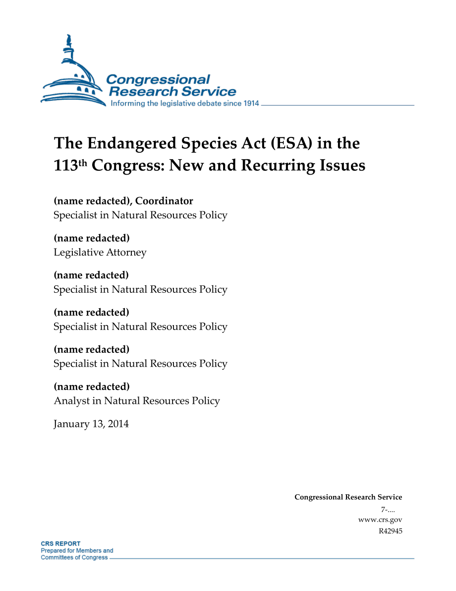 [20140113]R42945_《濒危物种法》（ESA）在第113届大会上：新的和重复出现的问题.pdf_第1页