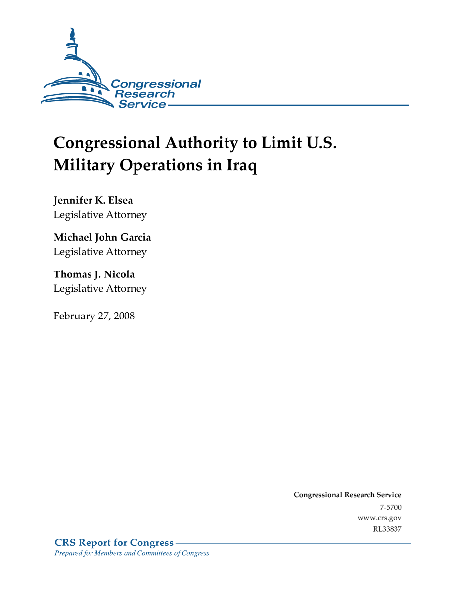 [20080227]RL33837_国会有权限制美国在伊拉克的军事行动.pdf_第1页