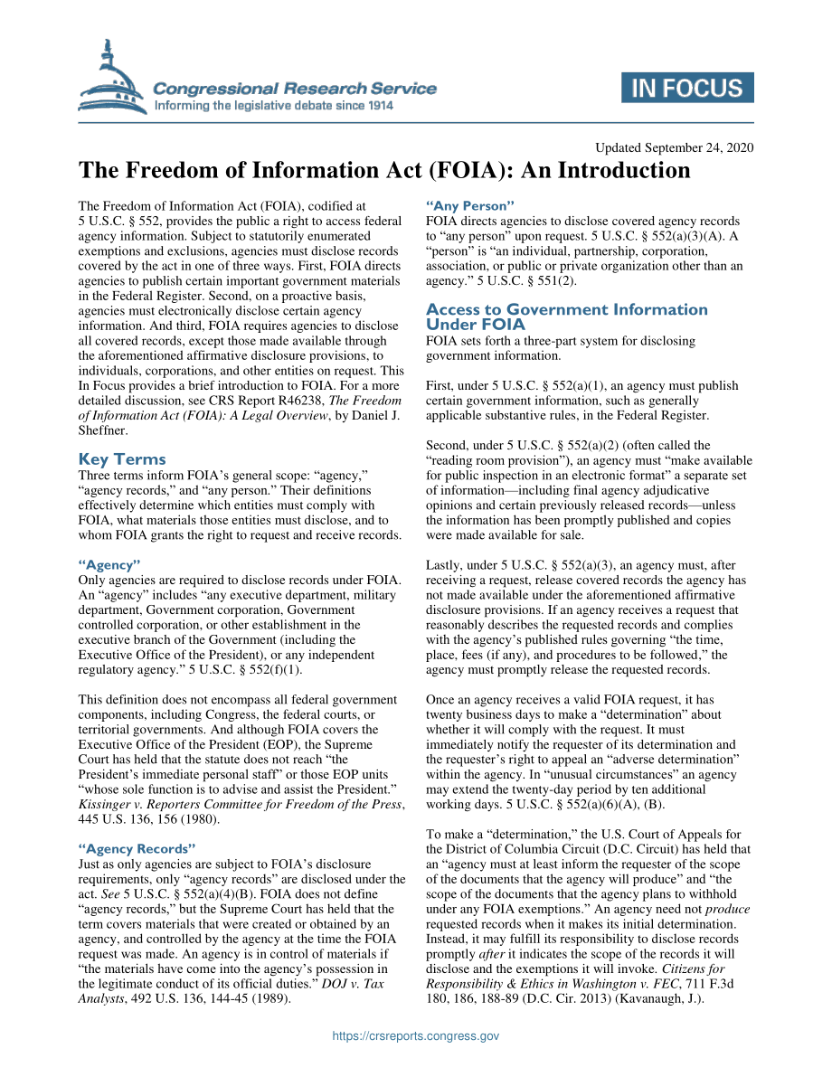 [20200924]IF11450_《信息自由法》（FOIA）：简介.pdf_第1页