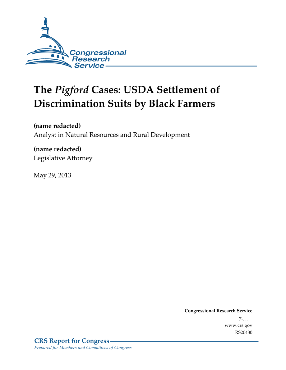 [20130529]RS20430_Pigford案例：美国农业部解决黑人农民的歧视诉讼.pdf_第1页