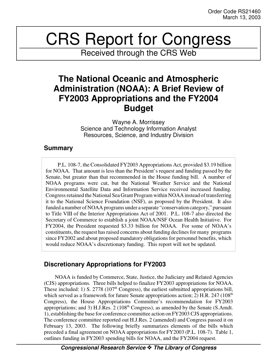 [20030313]RS21460_国家海洋和大气管理局（NOAA）：对2003财年拨款和2004财年预算的简要审查.pdf_第1页