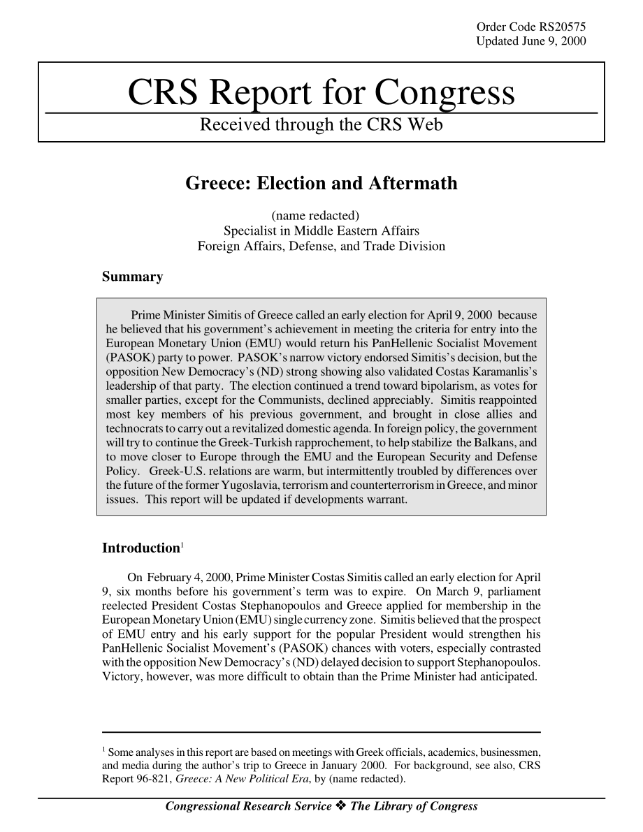 [20000609]RS20575_希腊：选举和善后.pdf_第1页