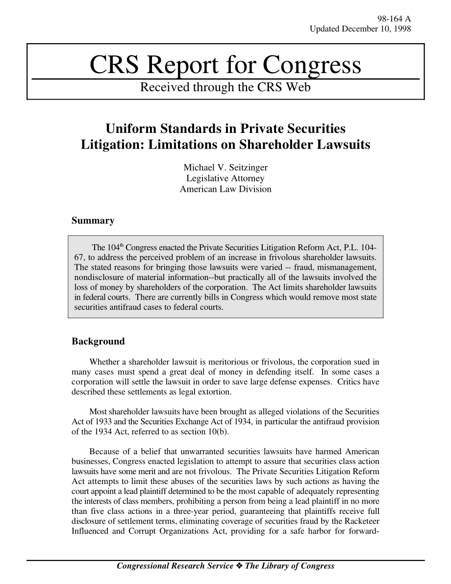 [19981210]98-164_私人证券诉讼的统一标准：股东诉讼的限制.pdf_第1页