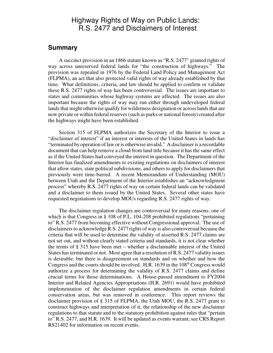 [20031107]RL32142_公共土地上的公路通行权：R、 S2477和利益免责声明.pdf_第2页