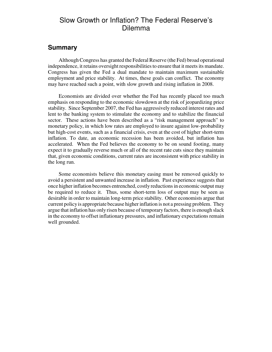 [20080707]RL34562_增长缓慢还是通货膨胀？美联储的困境.pdf_第2页