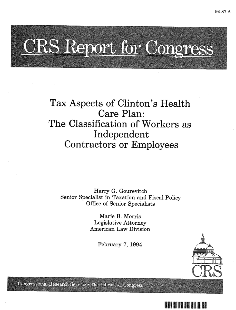 [19940207]94-87_克林顿医疗保健计划的税务方面：将工人分类为独立承包商或雇员.pdf_第1页
