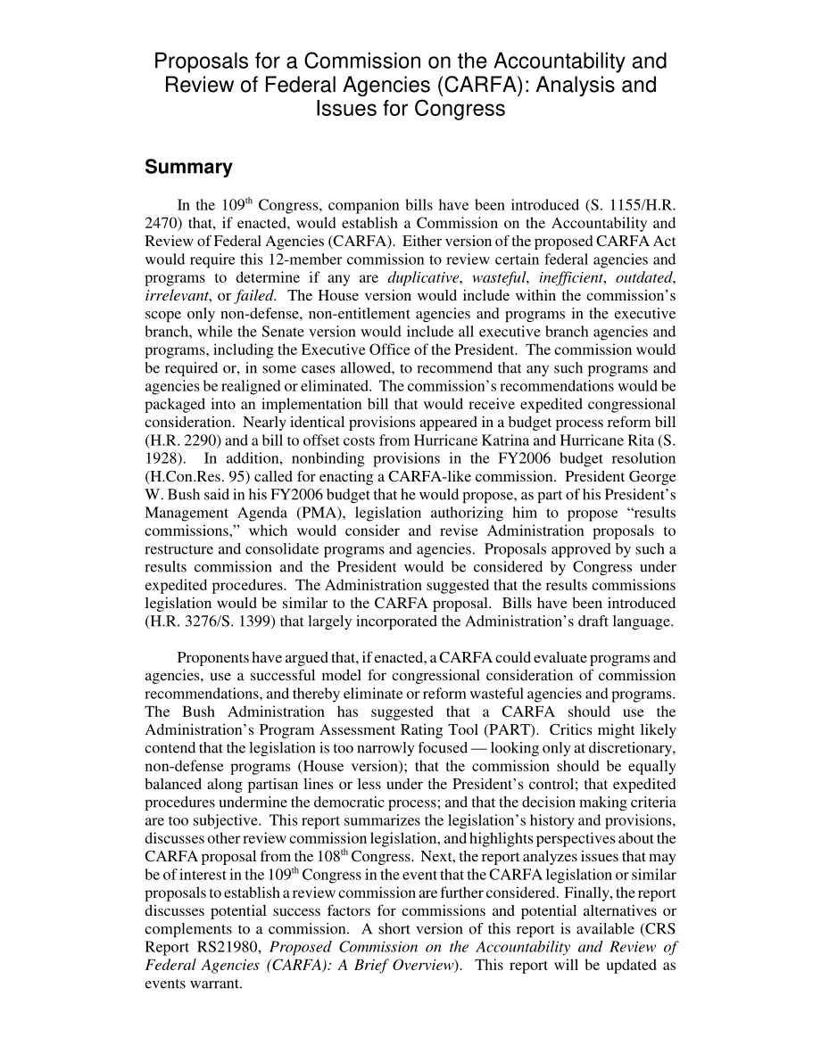 [20051110]RL32726_关于成立联邦机构问责制和审查委员会（CARFA）的提案：国会的分析和问题.pdf_第2页