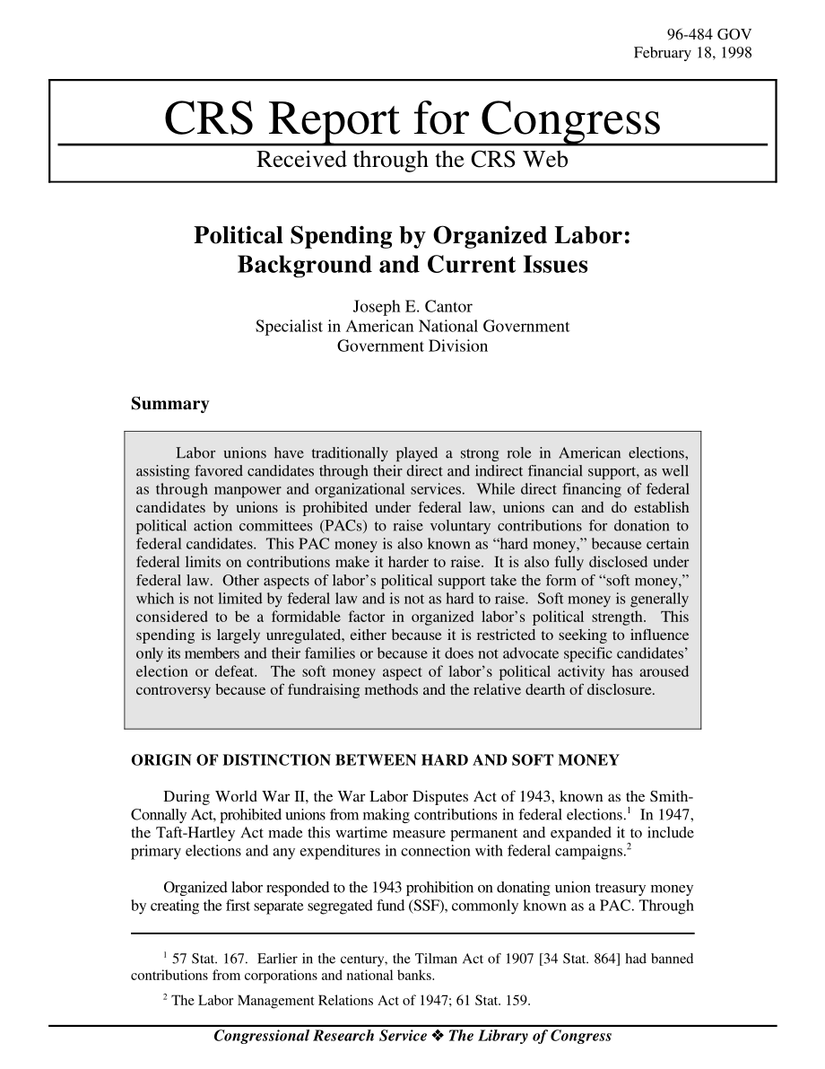 [19980218]96-484GOV_有组织劳工的政治支出：背景和当前问题.pdf_第1页