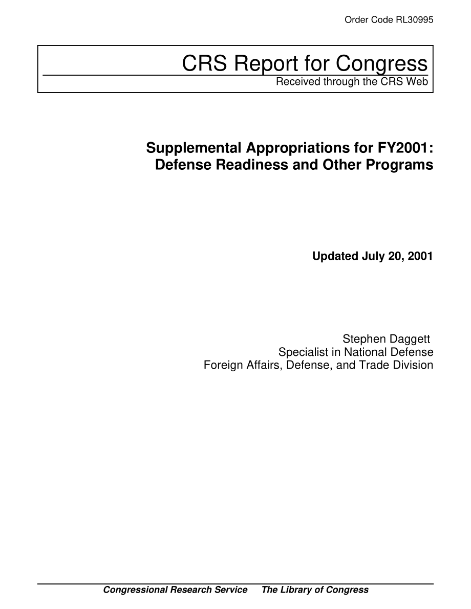 [20010720]RL30995_2002财年追加拨款：国防准备和其他计划.pdf_第1页
