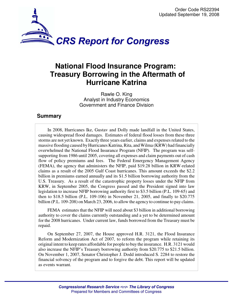 [20080919]RS22394_国家洪水保险计划：卡特里娜飓风后的财政借款.pdf_第1页