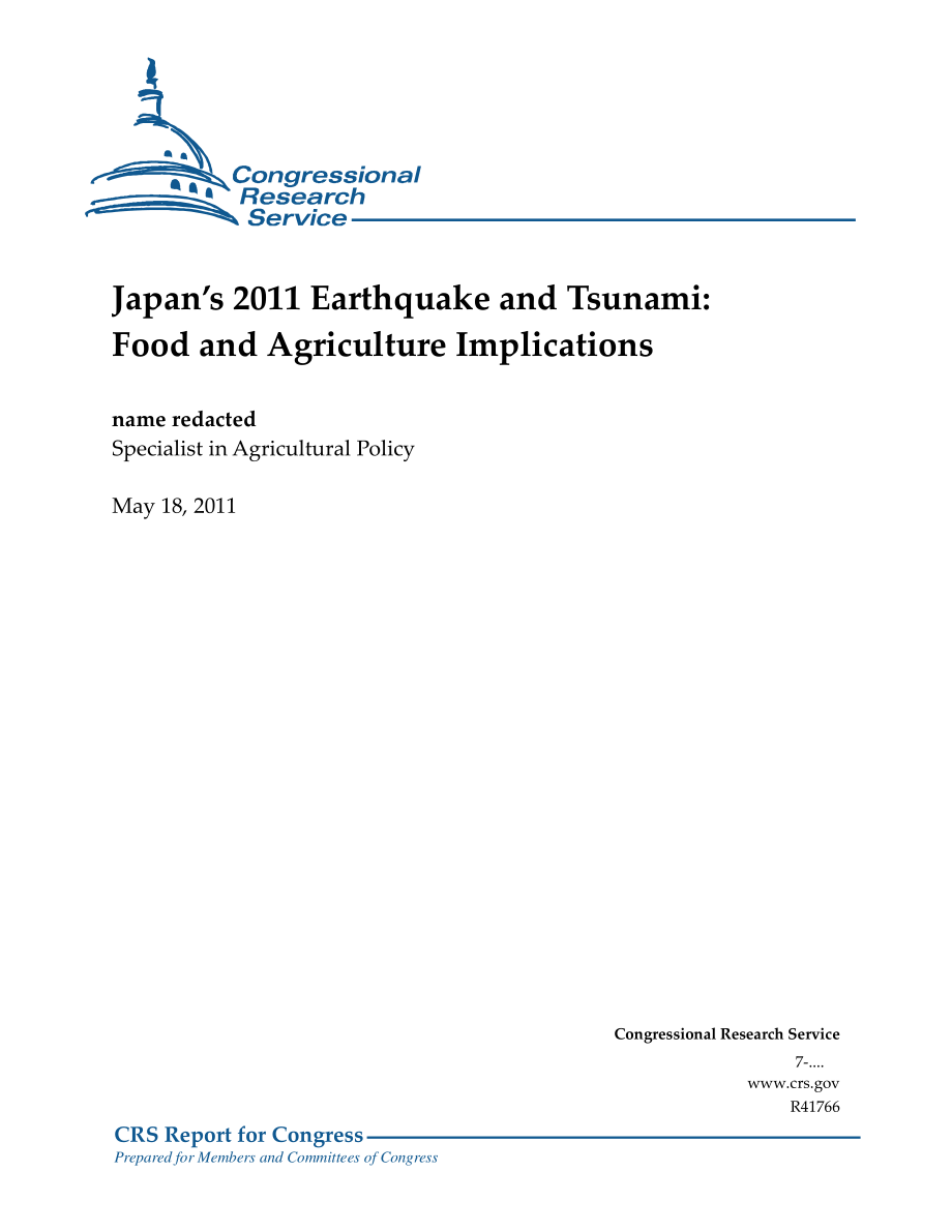 [20110518]R41766_2011年日本地震和海啸：粮食和农业影响.pdf_第1页