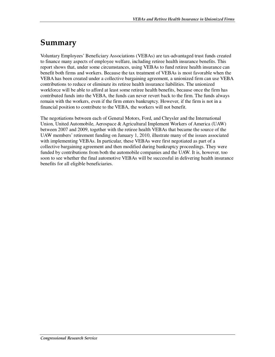 [20100831]R41387_工会企业中的自愿雇员受益协会（VEBA）和退休人员健康保险.pdf_第2页