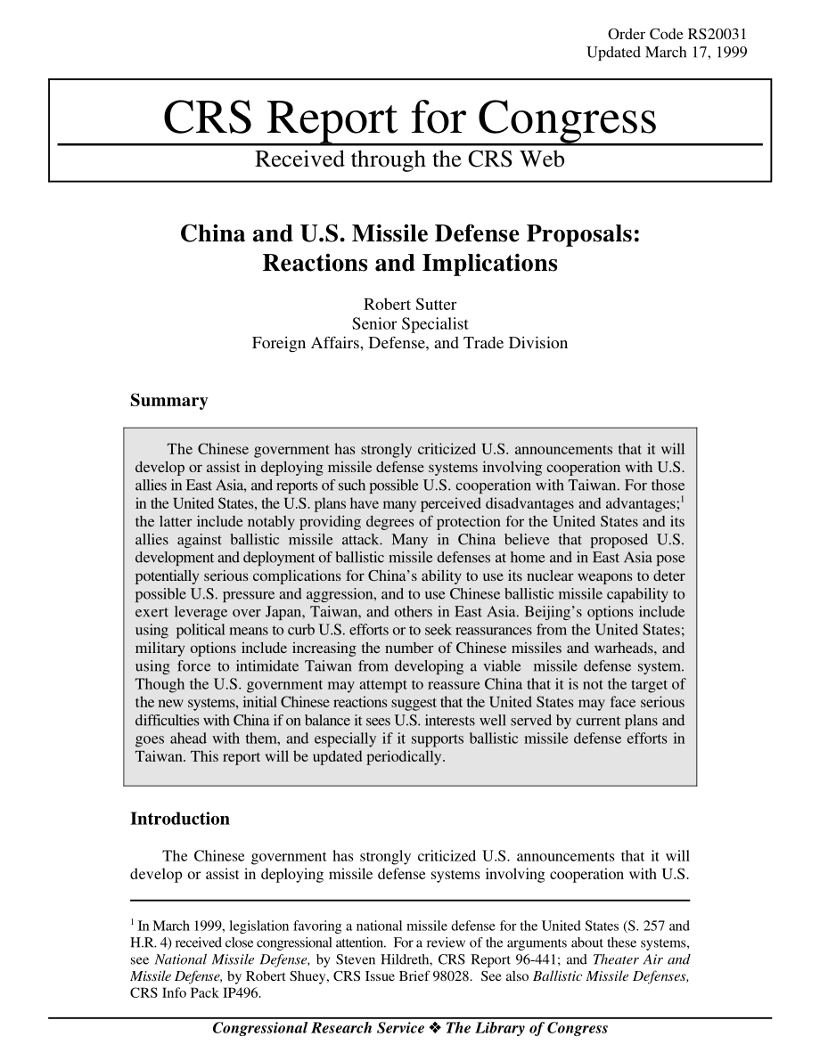[19990317]RS20031_中美导弹防御计划：反应和影响.pdf_第1页