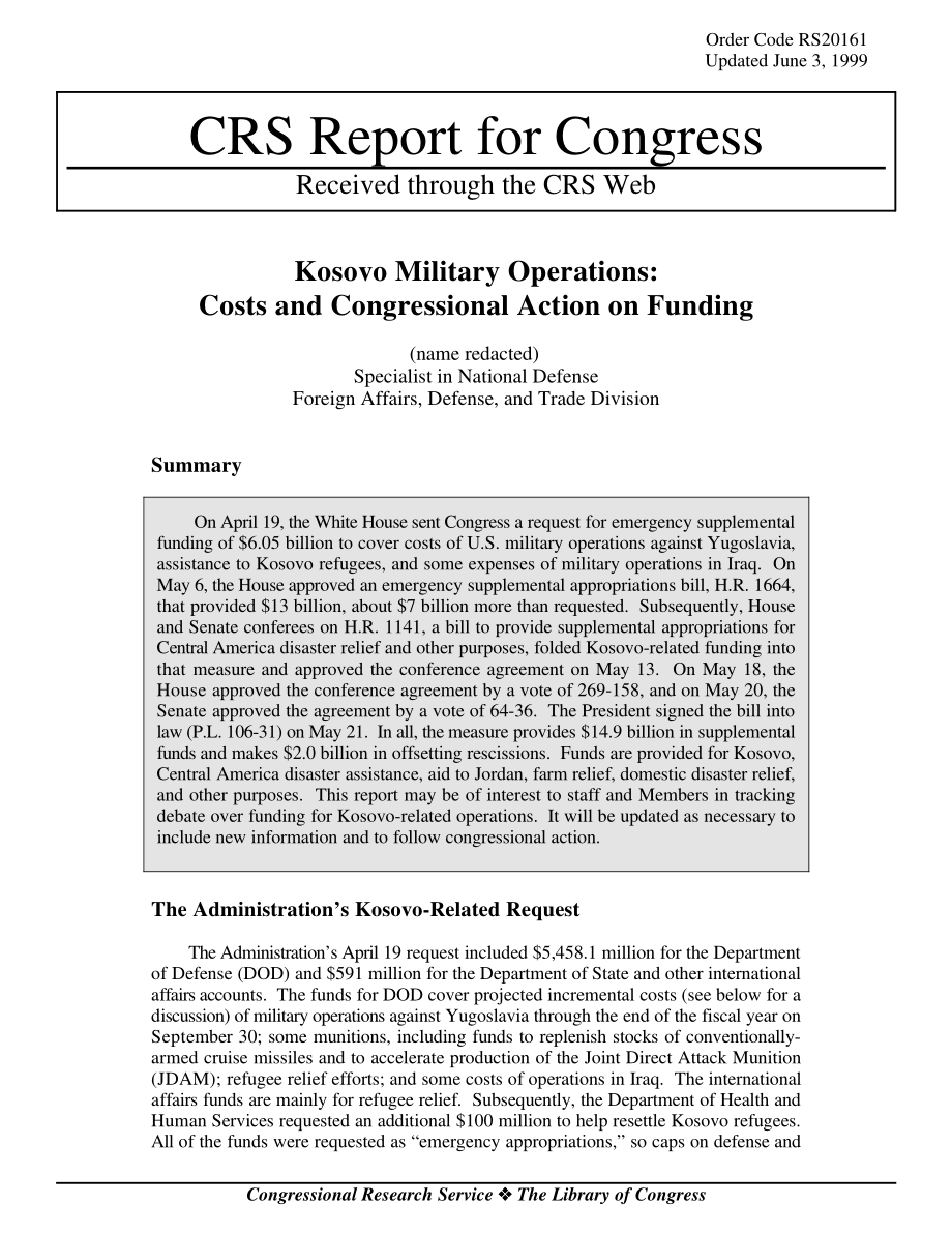 [19990603]RS20161_科索沃军事行动：成本和国会资金行动.pdf_第1页