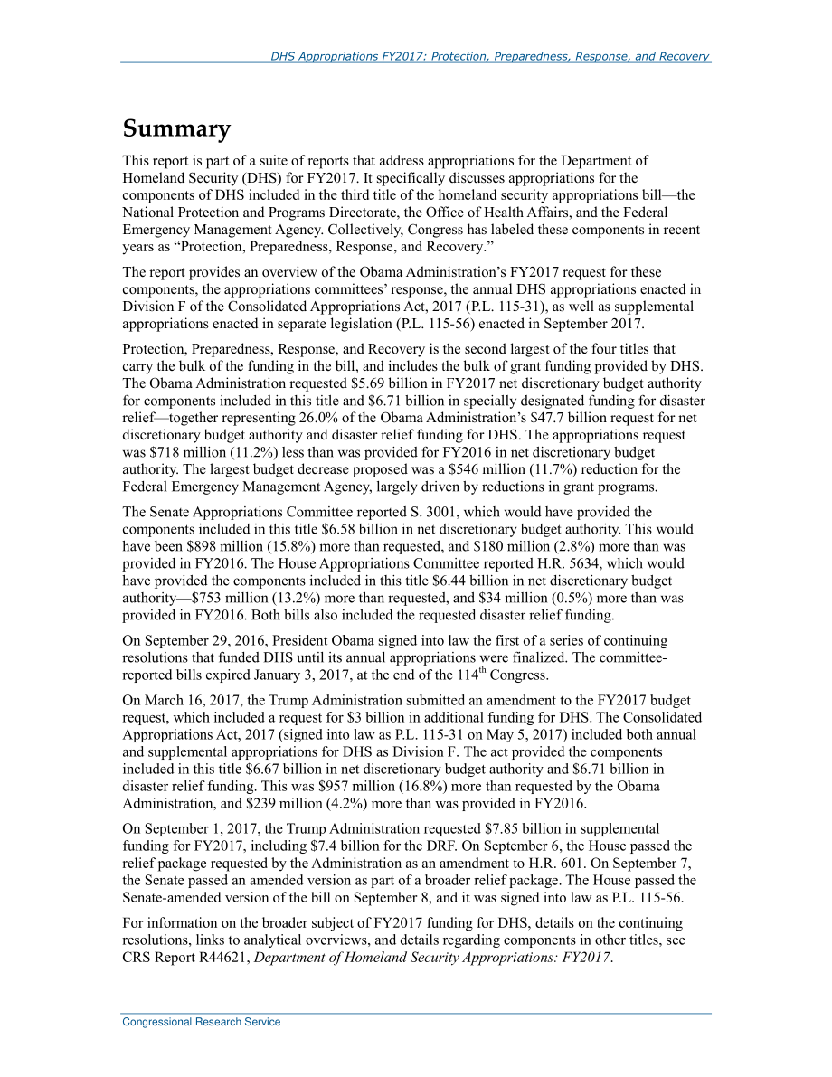 [20170929]R44660_2017财年DHS拨款：保护、准备、响应和恢复.pdf_第2页